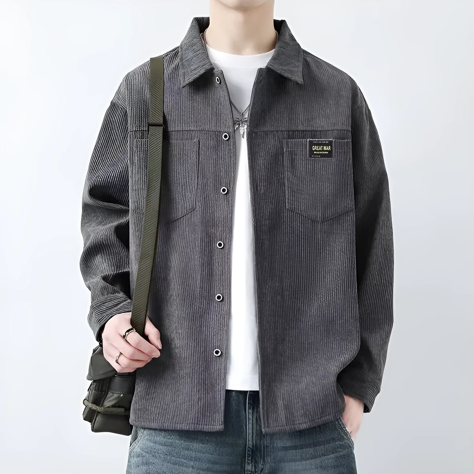 Men's corduroy casual jacket in cardigan style with long sleeves showing textured fabric
