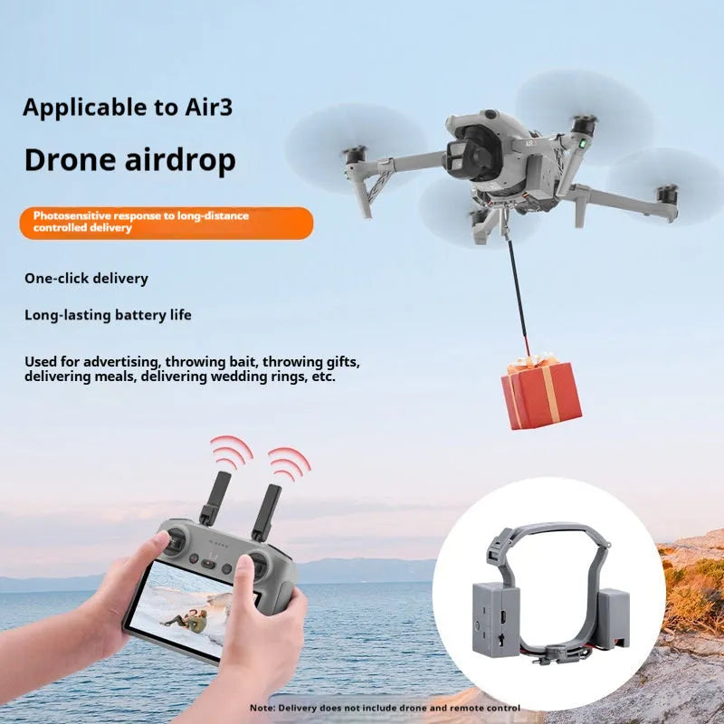 DJI Air 3 parabolic delivery device in dark grey ABS, with tripod feet and USB charging cable