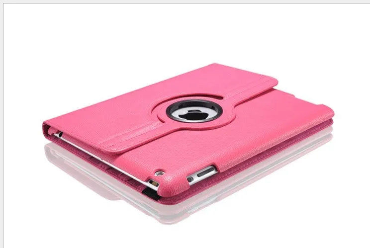 iPad rotary leather case in clam shell design shown in multiple colour options including pink, blue, and black.