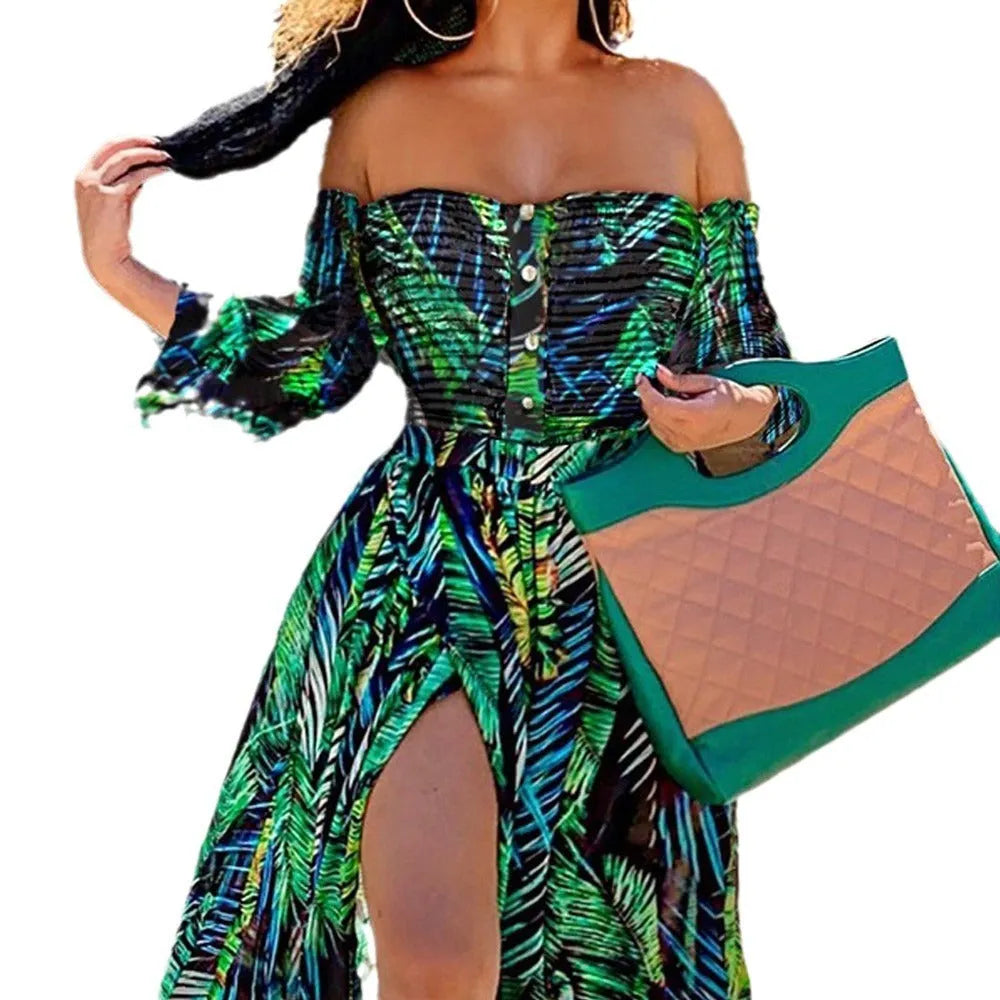 Women's green printed mop dress with long lantern sleeves in polyester fiber fabric