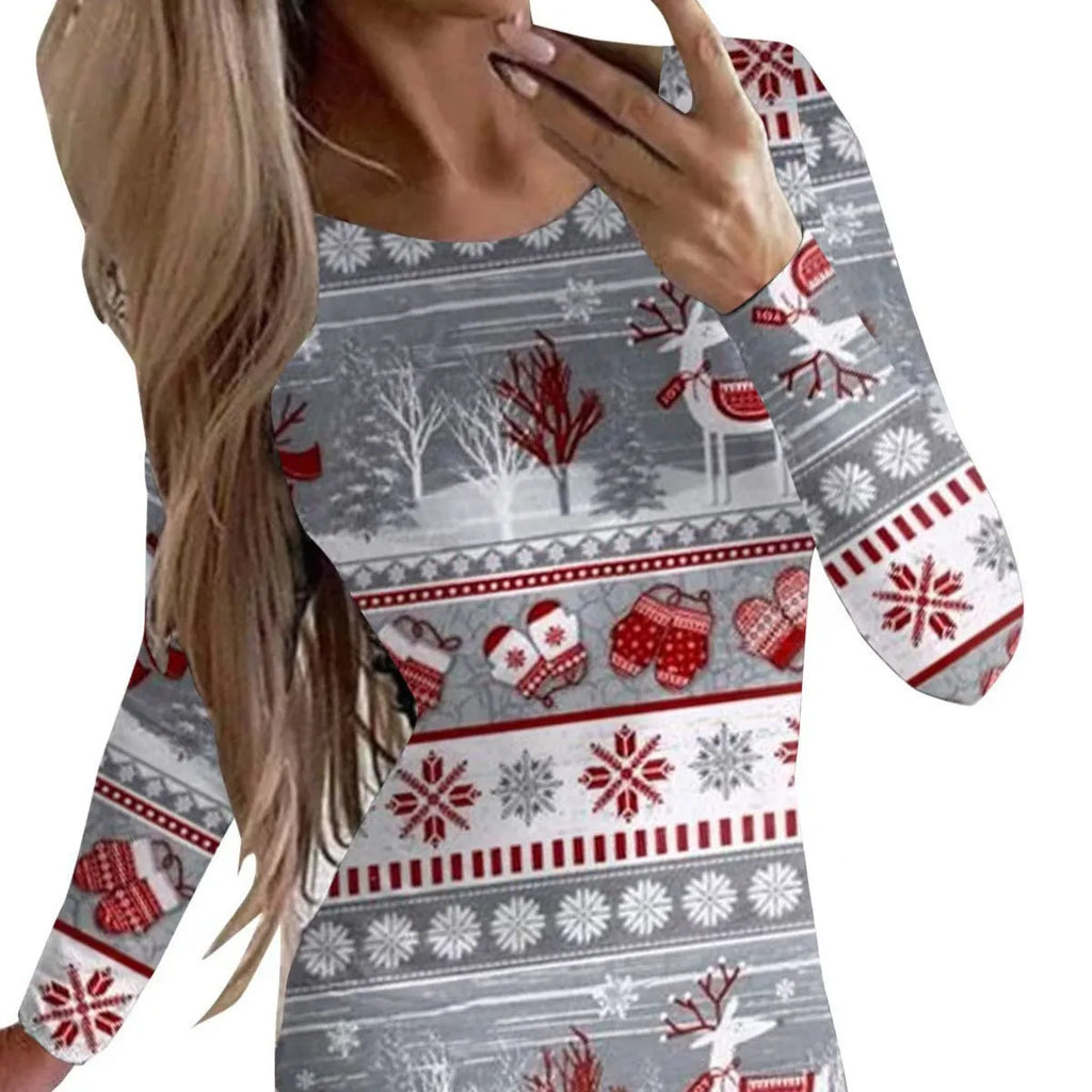 Women's tight-fitting Christmas dress with floral print, round neck, long sleeves, and short hip skirt.