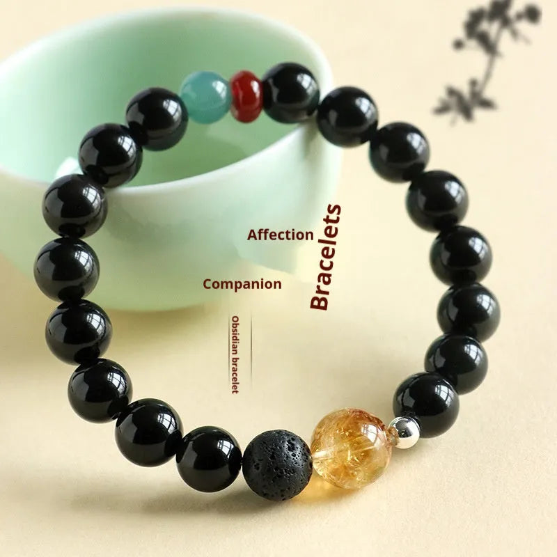 Chinese-style obsidian yellow tower crystal couple bracelet with agate jade accents showing 8mm and 10mm bead size options