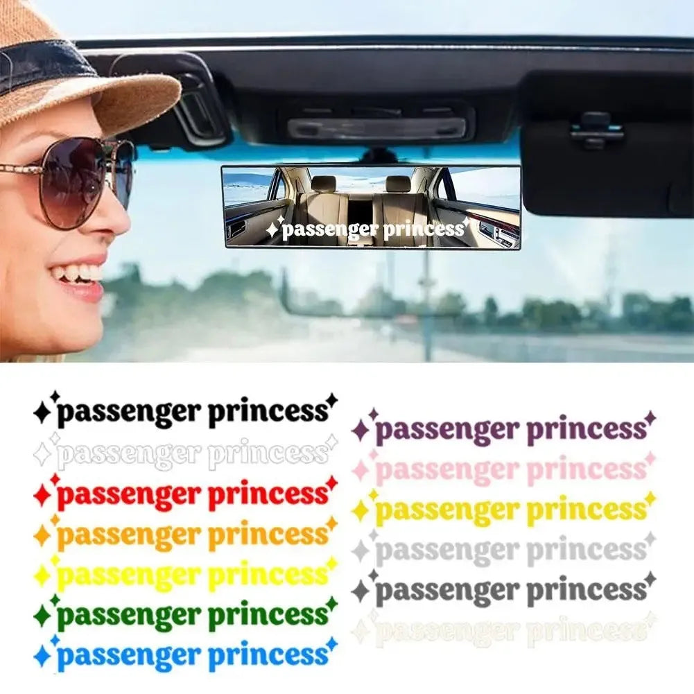 Car interior vinyl sticker with English text, 10 cm by 2 cm, in black, white, pink, or rainbow colour options.