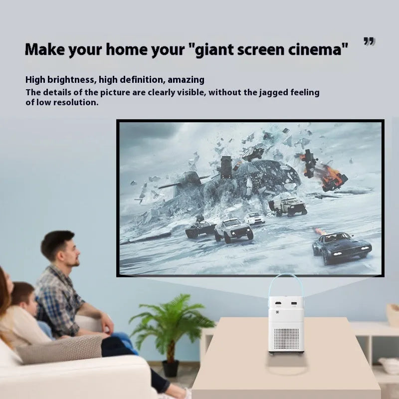 Smart Android HD home projector with remote control showing 1280x800 resolution and multiple plug options