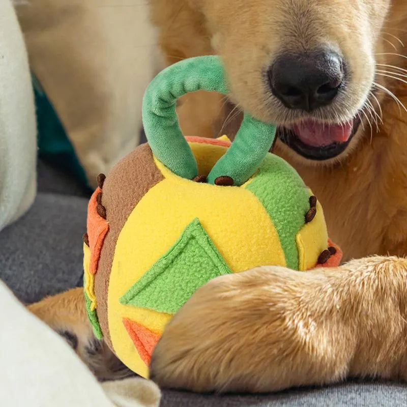 Green polyester dog squeaky plush ball toy with treat pockets