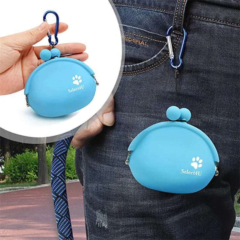 Silicone dog treat waist pouch in blue with hook-and-loop closure