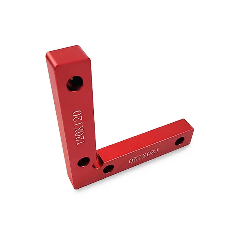 Silver anodised aluminium right-angle woodworking positioning block with engraved measurement scales
