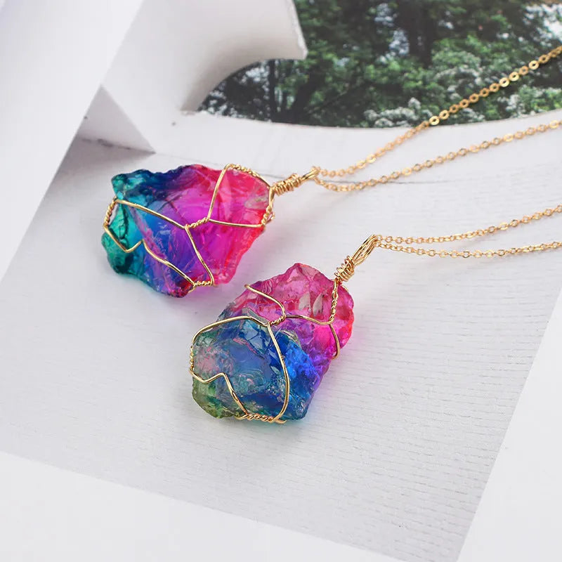 Rainbow quartz crystal necklace with natural rough dyed pendant on alloy chain, blue gold silver colour options