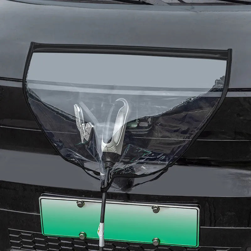 Black magnetic waterproof rain cover for electric vehicle charging gun and port, shown unfolded.