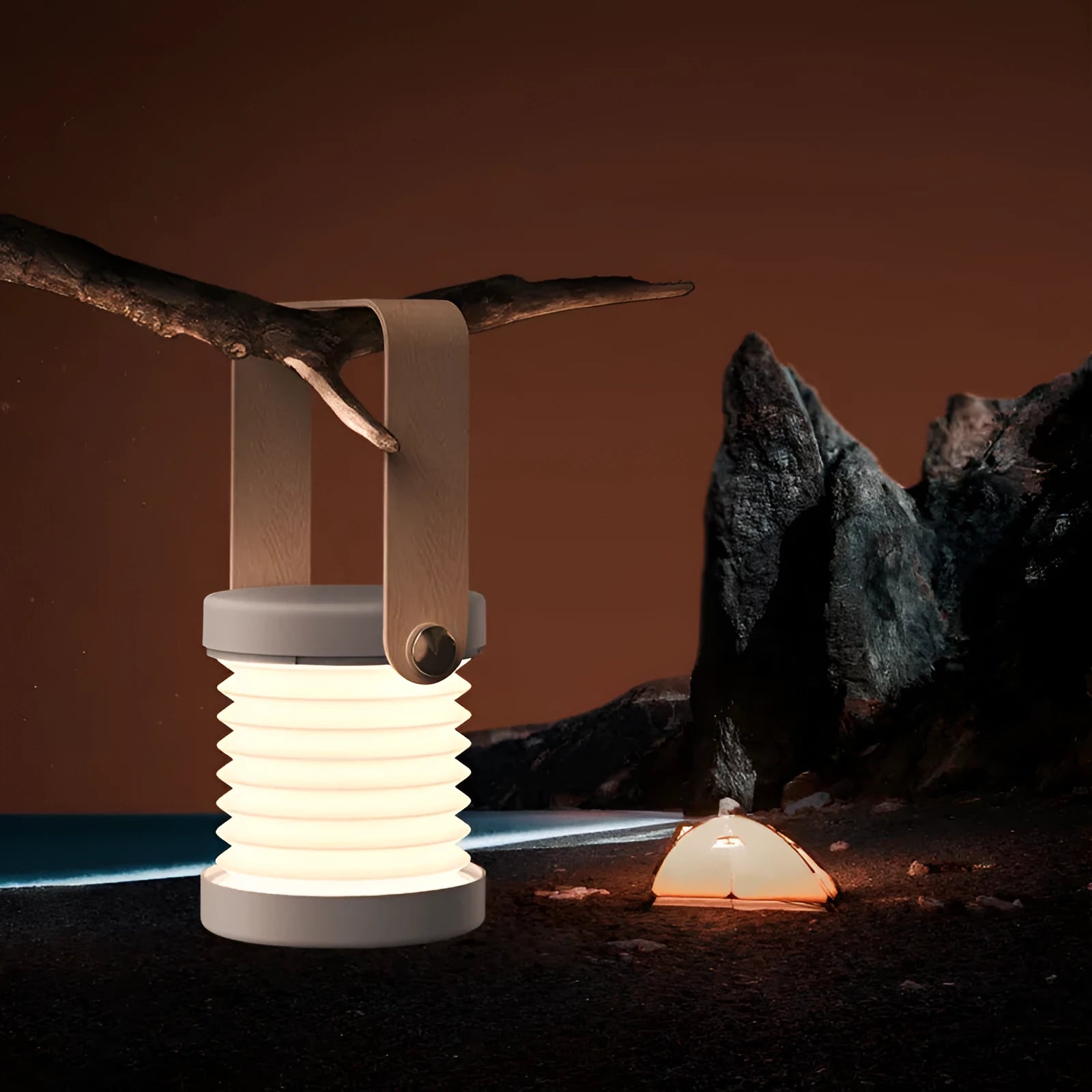 Foldable touch dimmable LED night light in white, showing both table lamp and expanded lantern modes.