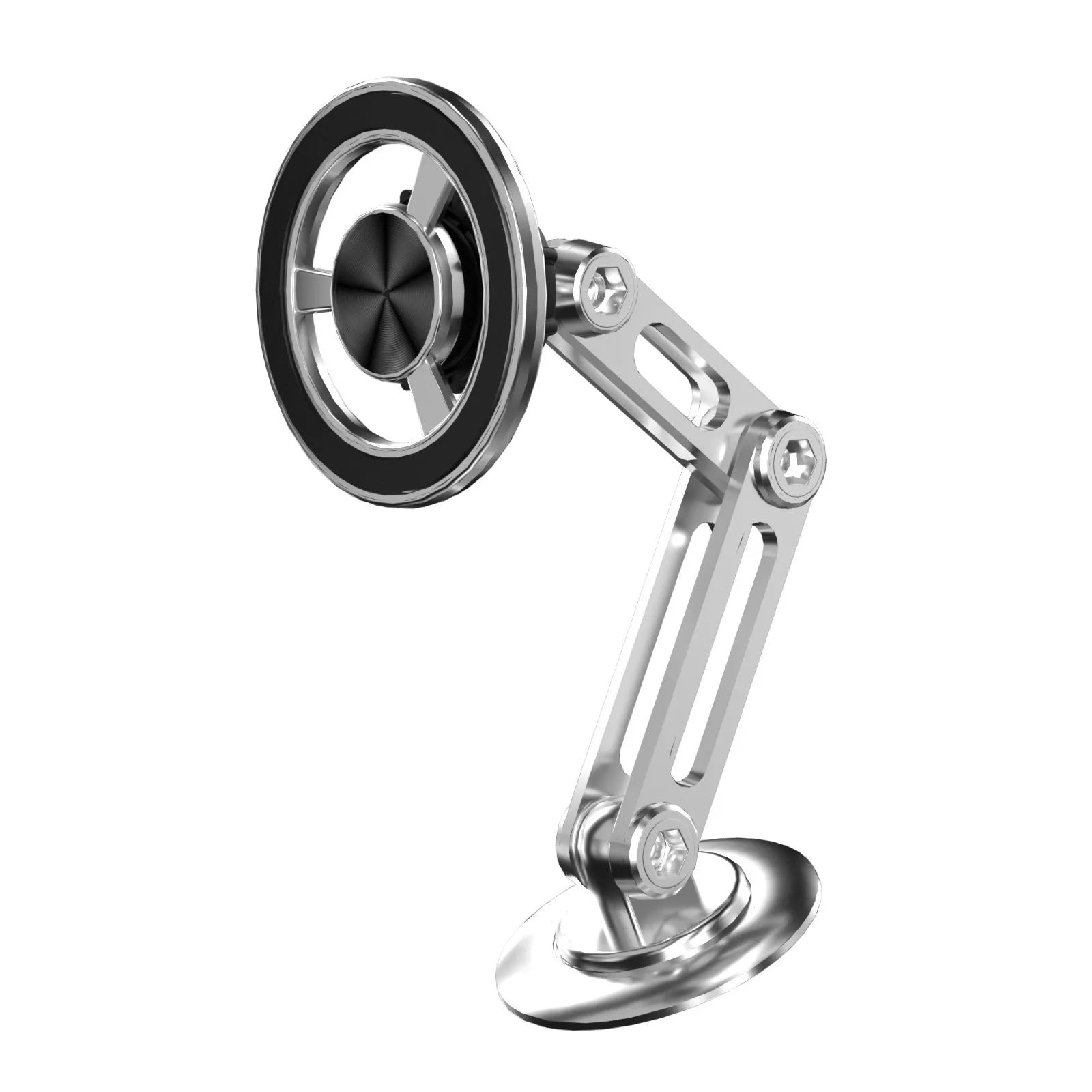 All-metal magnetic car phone holder in black, silver, gold, and rose gold with magnetic rings and adhesive pads