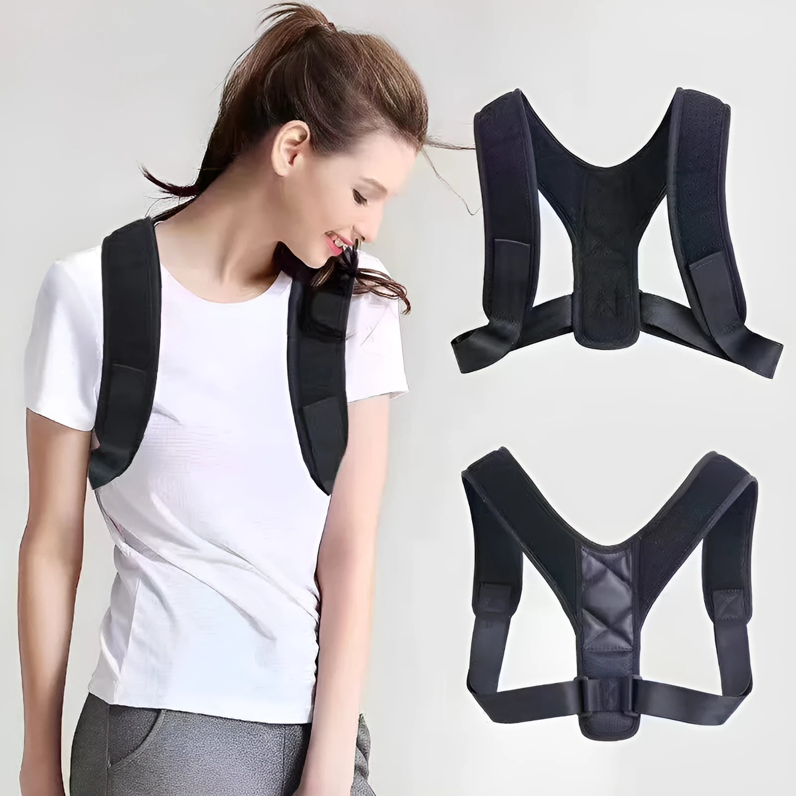 Babaka brand nylon back correction posture support band shown on a person.