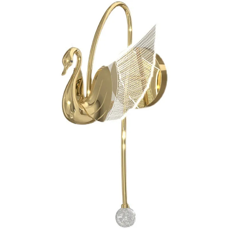 Modern gold swan-shaped wall lamp with acrylic shade and dimmable LED light.