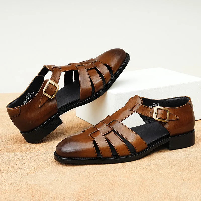 Men's genuine leather retro business sandals in black or brown with rubber sole