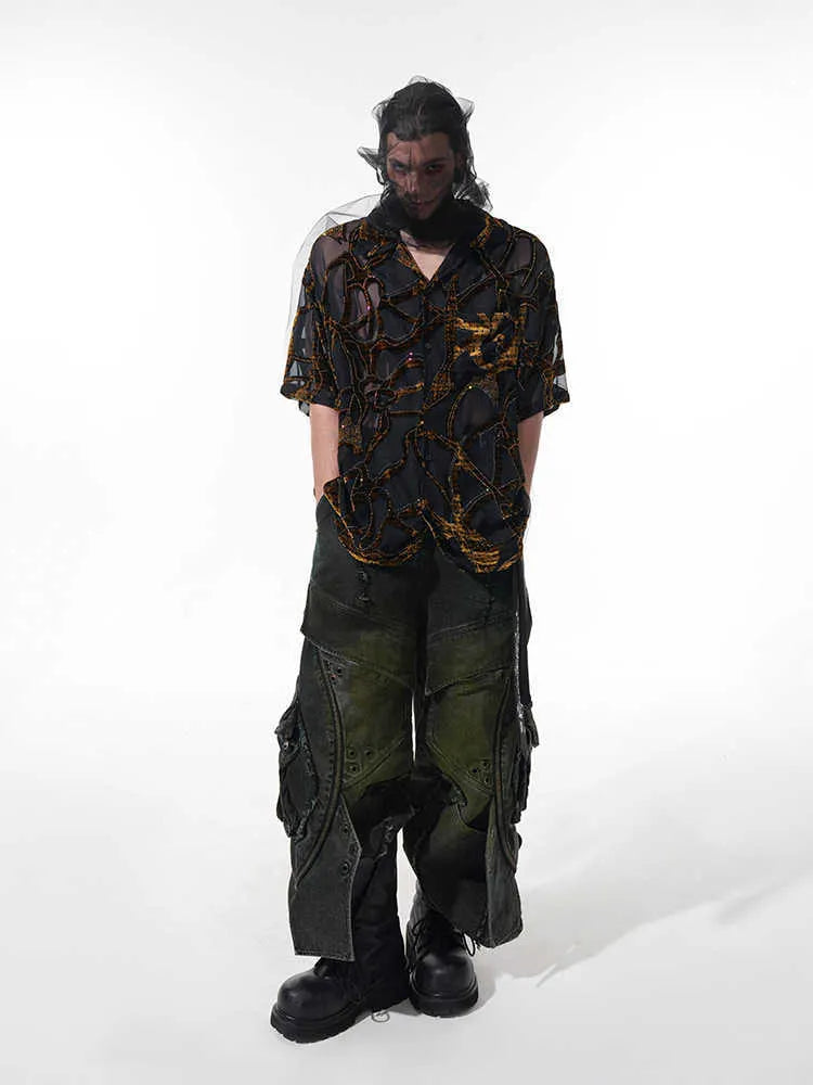Men's black and grey snake pattern short-sleeved shirt with translucent polyester fabric and lapel collar