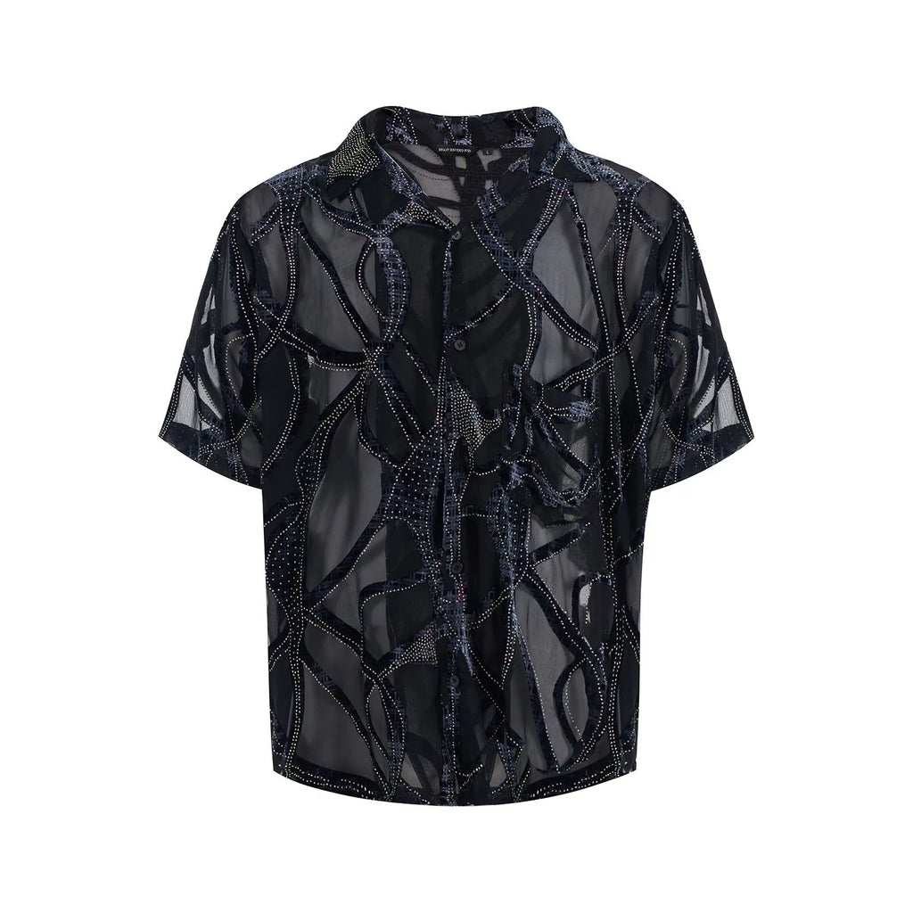 Men's black and grey snake pattern short-sleeved shirt with translucent polyester fabric and lapel collar