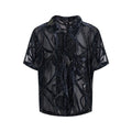 Men's black and grey snake pattern short-sleeved shirt with translucent polyester fabric and lapel collar