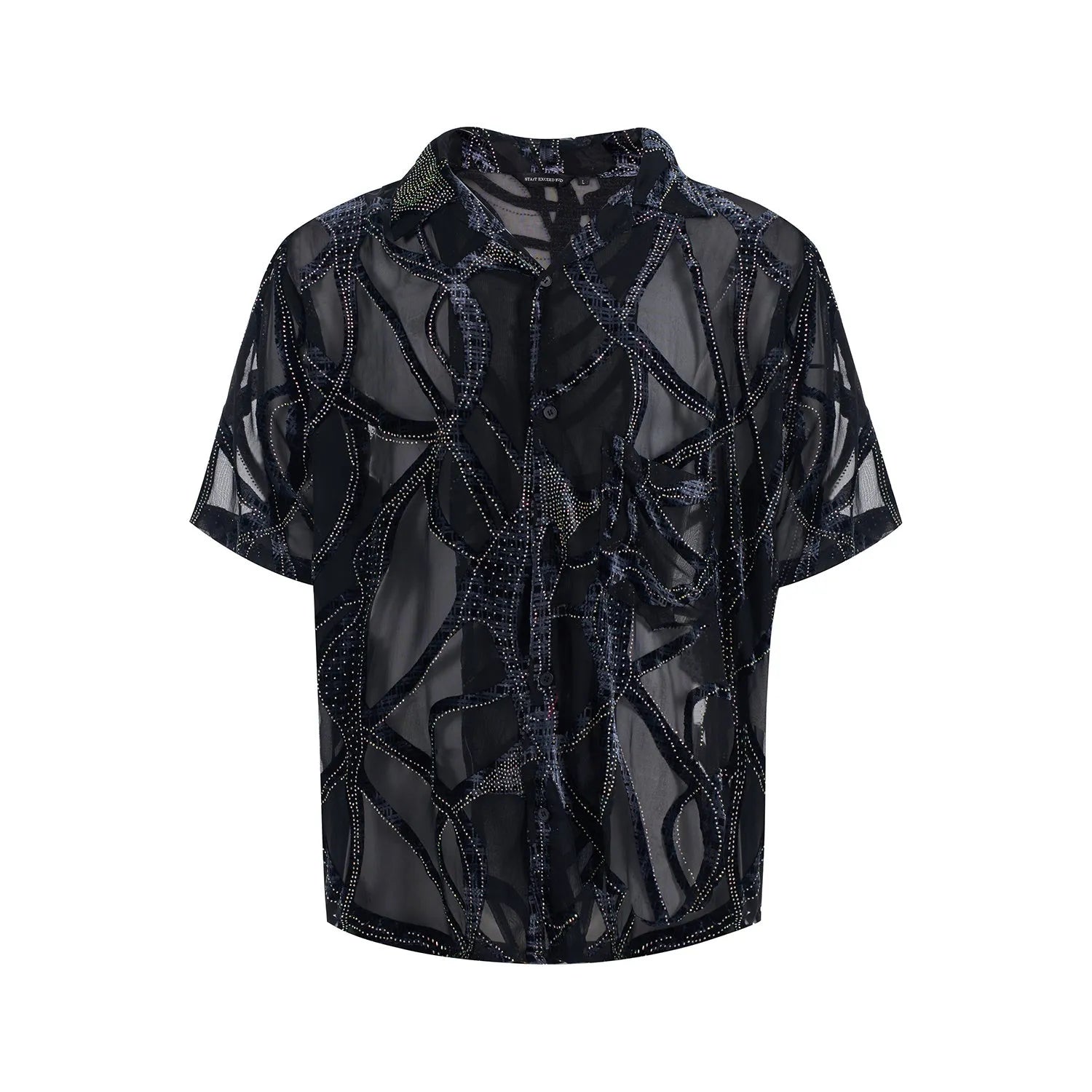 Men's black and grey snake pattern short-sleeved shirt with translucent polyester fabric and lapel collar
