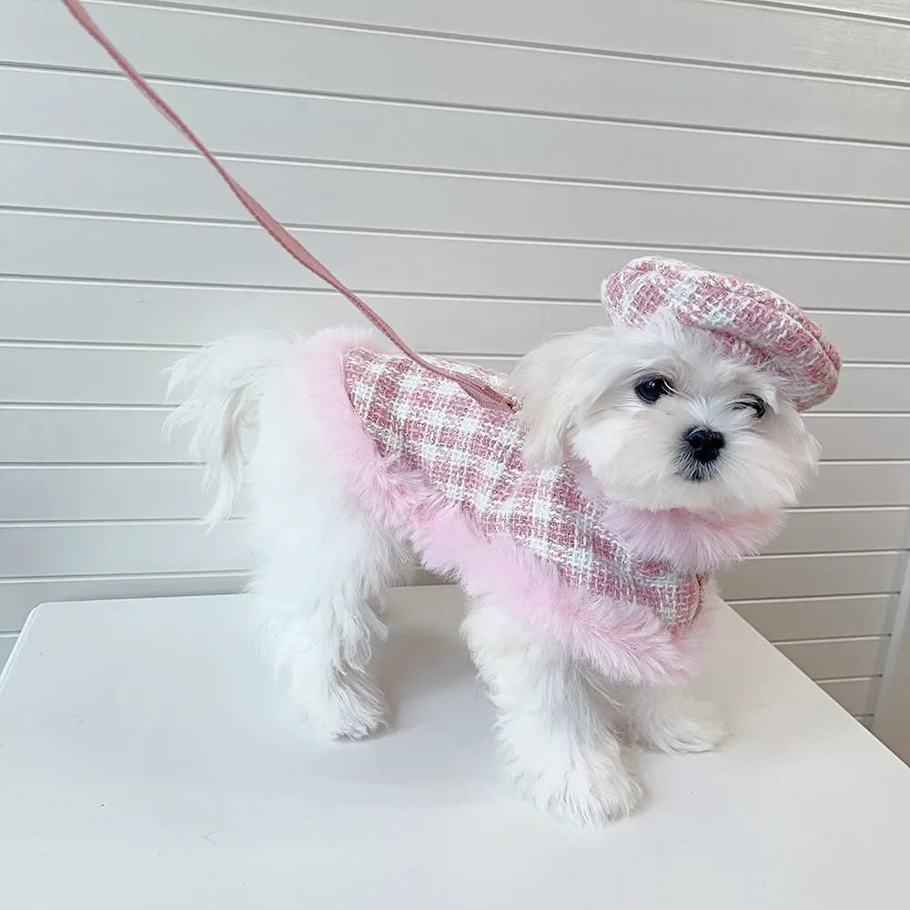 Pink cat costume set with cape featuring hand-holding rope and beret accessory