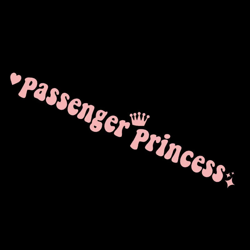 Passenger Princess slogan car rearview mirror sticker in black, white, laser, or pink, 15cm long.