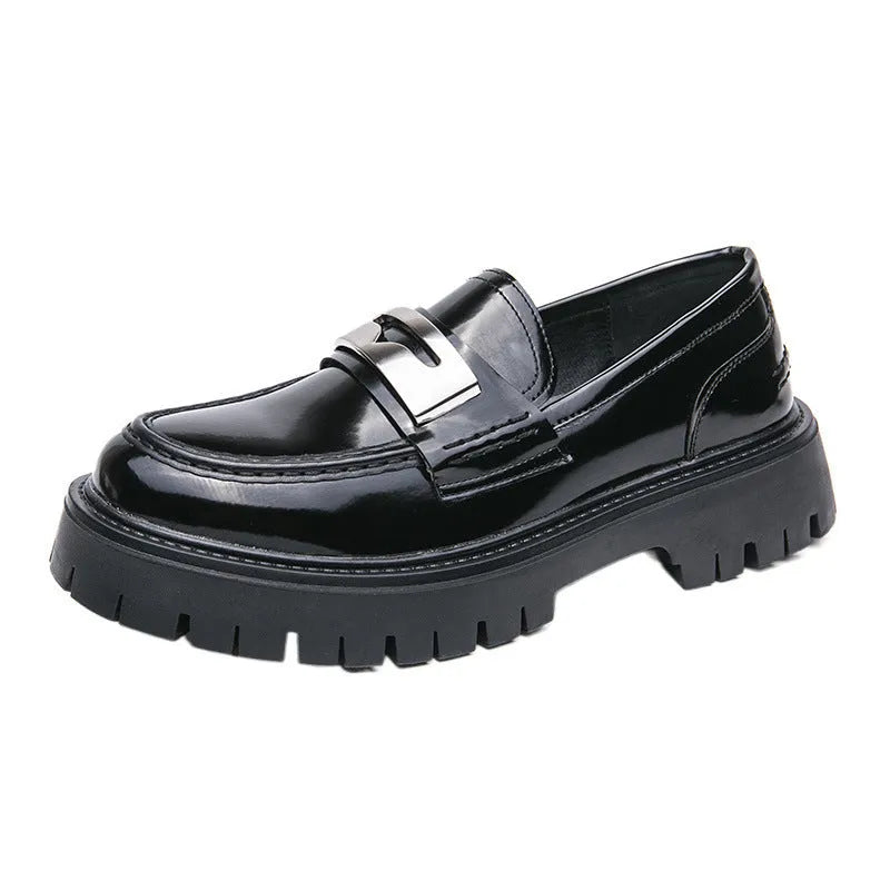 Men's black platform loafers with 1-3cm low heel and glossy PU leather upper