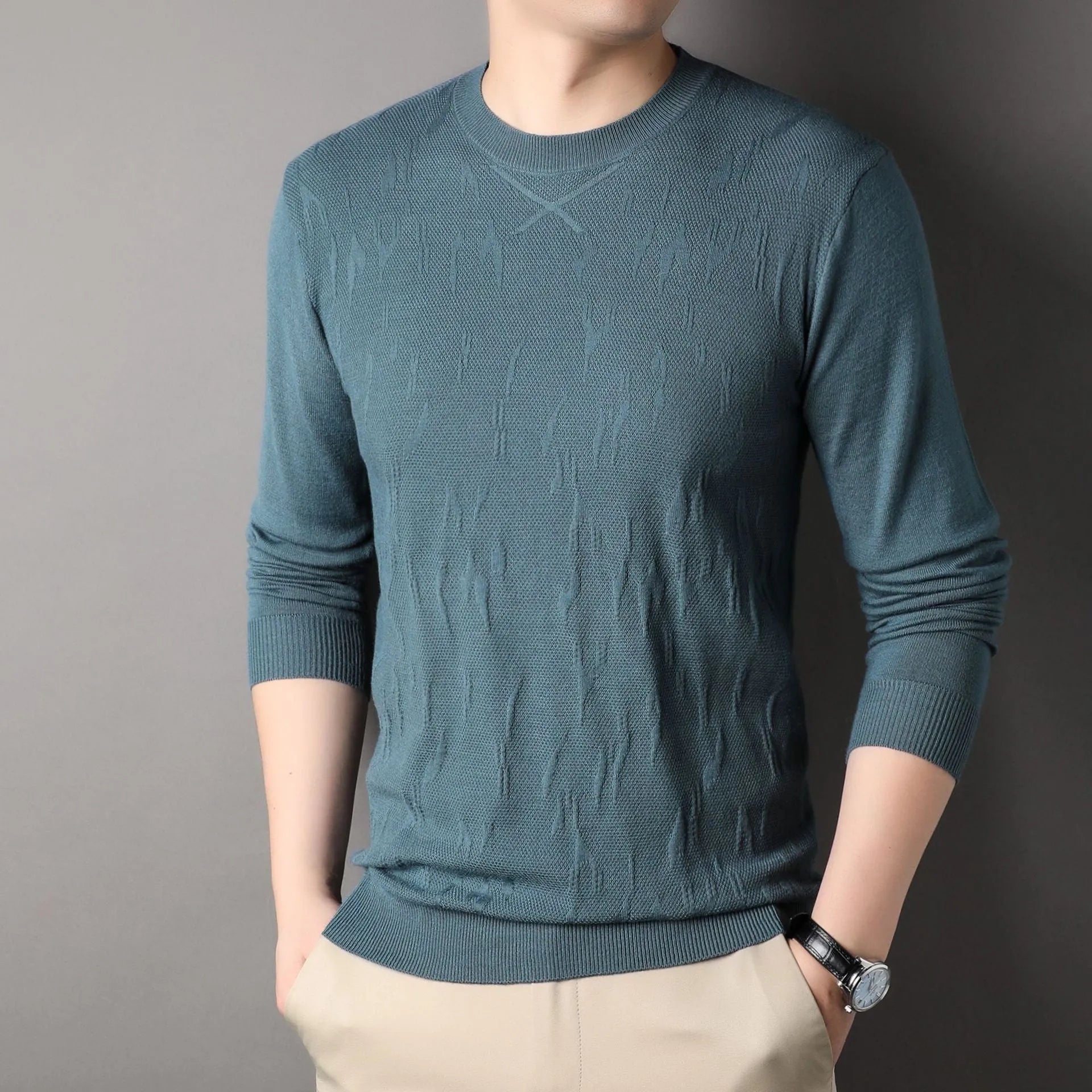 Men's solid colour polyester fibre loose fit long sleeve sweater in khaki, available in sizes M to 4XL