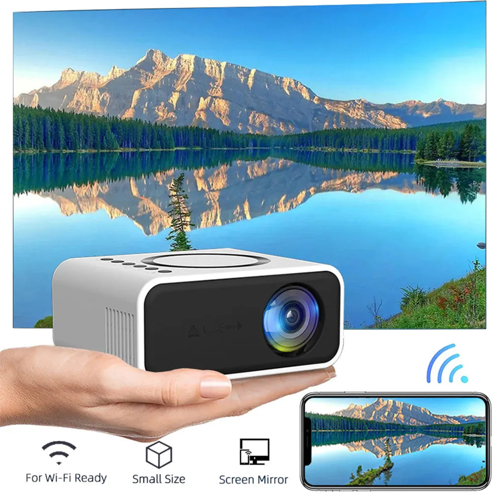 YT300 black or white portable mini projector with remote control on a table, showing compact size.