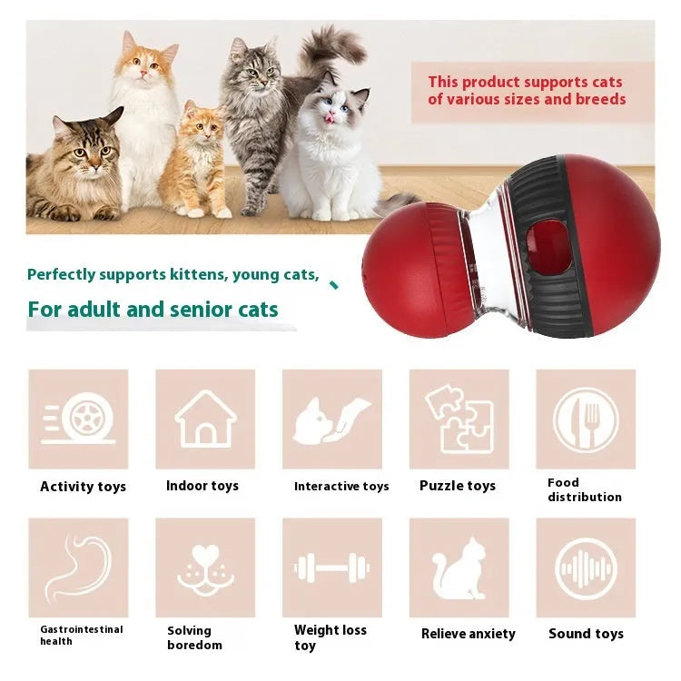 Rotating plastic cat toy with Super Ball colour scheme showing treat-dispensing openings and sound module