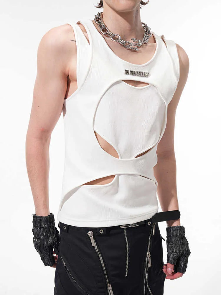Men's black sleeveless cotton waistcoat with a round neck and loose fit, laid flat on a white background.