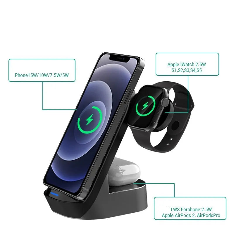 Black grey foldable 3-in-1 wireless charger stand with phone, smartwatch, and earbuds case charging vertically