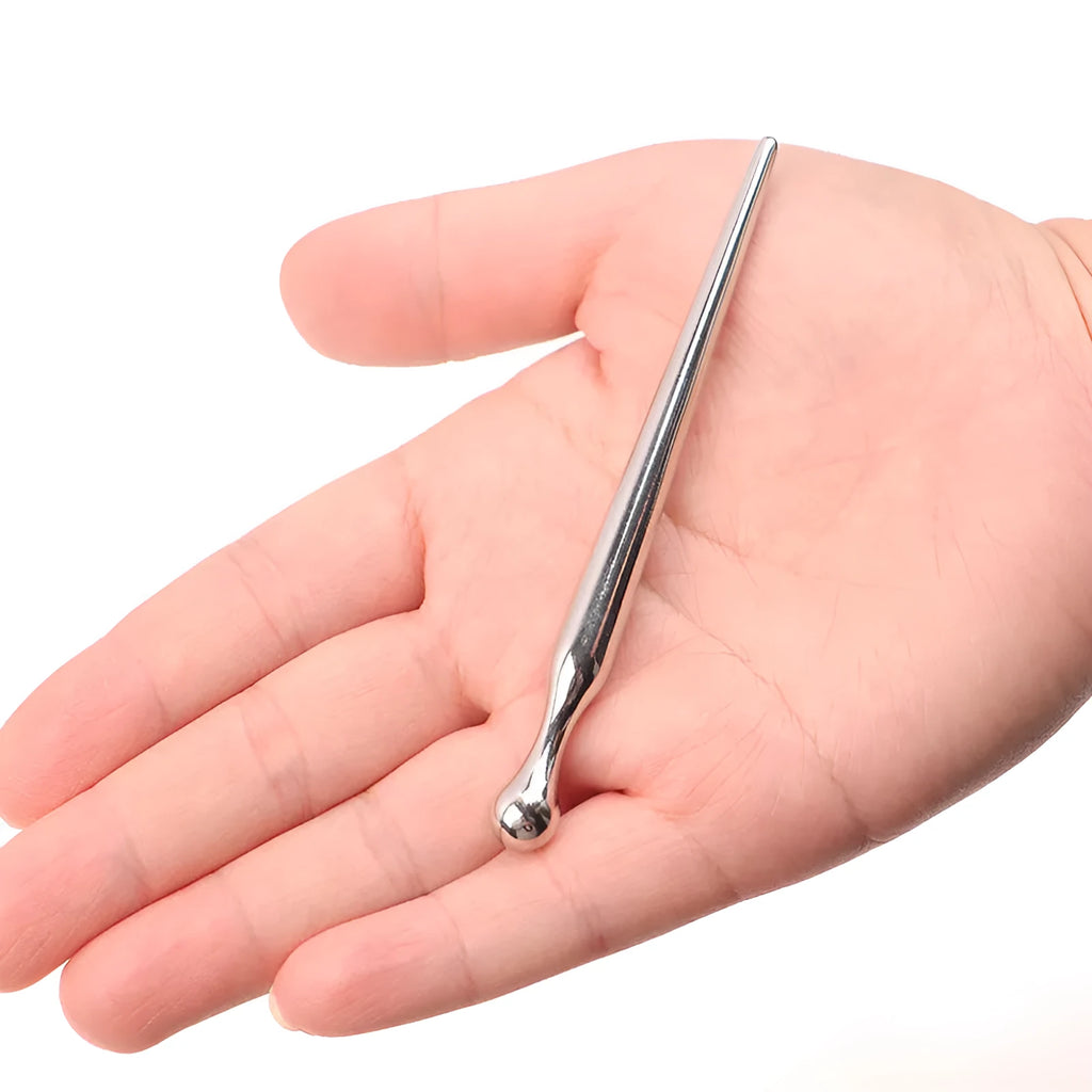 Silver metal urethral plug with round beads and horse eye tip for adult stimulation