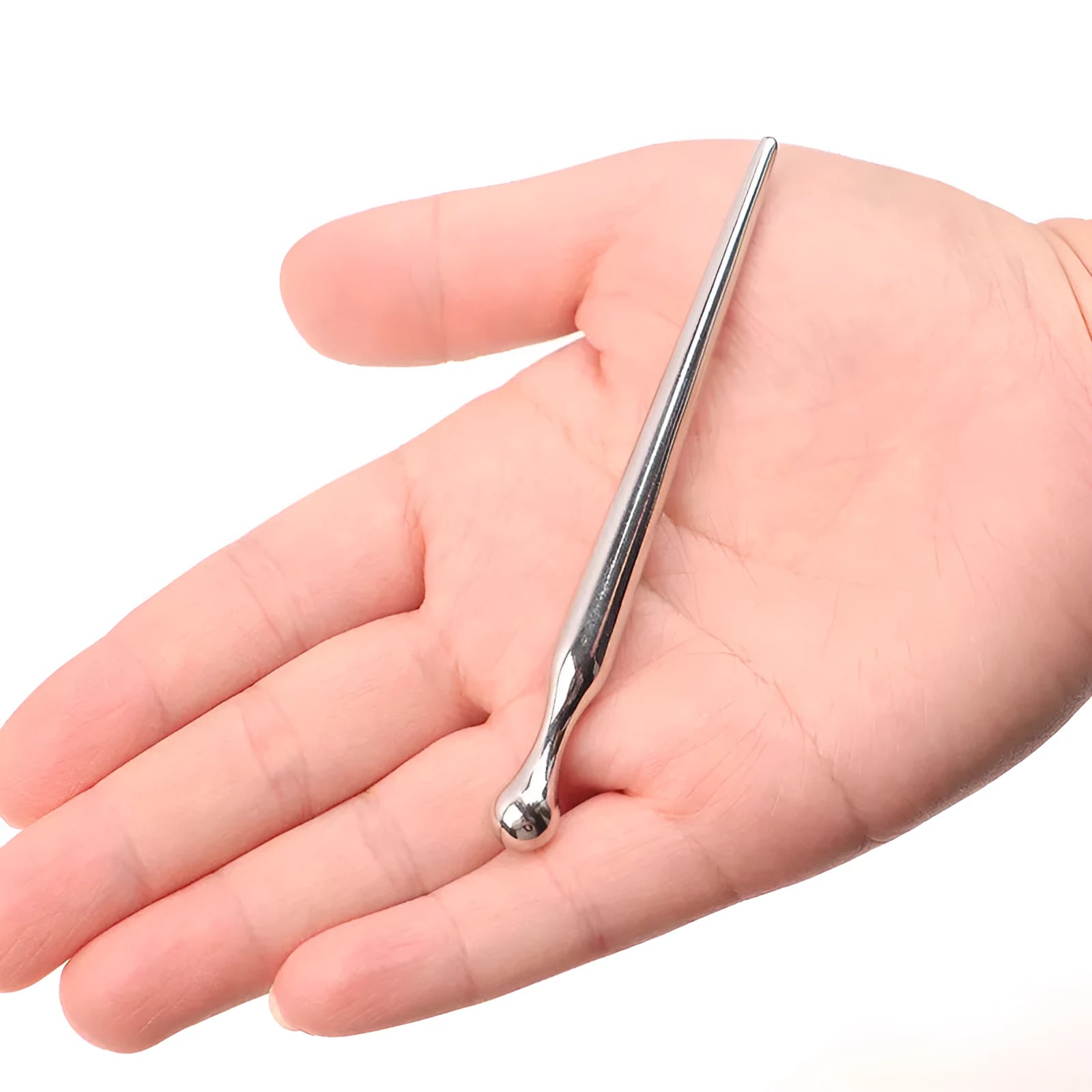 Silver metal urethral plug with round beads and horse eye tip for adult stimulation