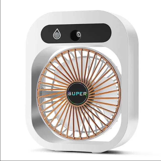 Green and white USB rechargeable portable desk fan with misting humidifier function and adjustable wind direction.