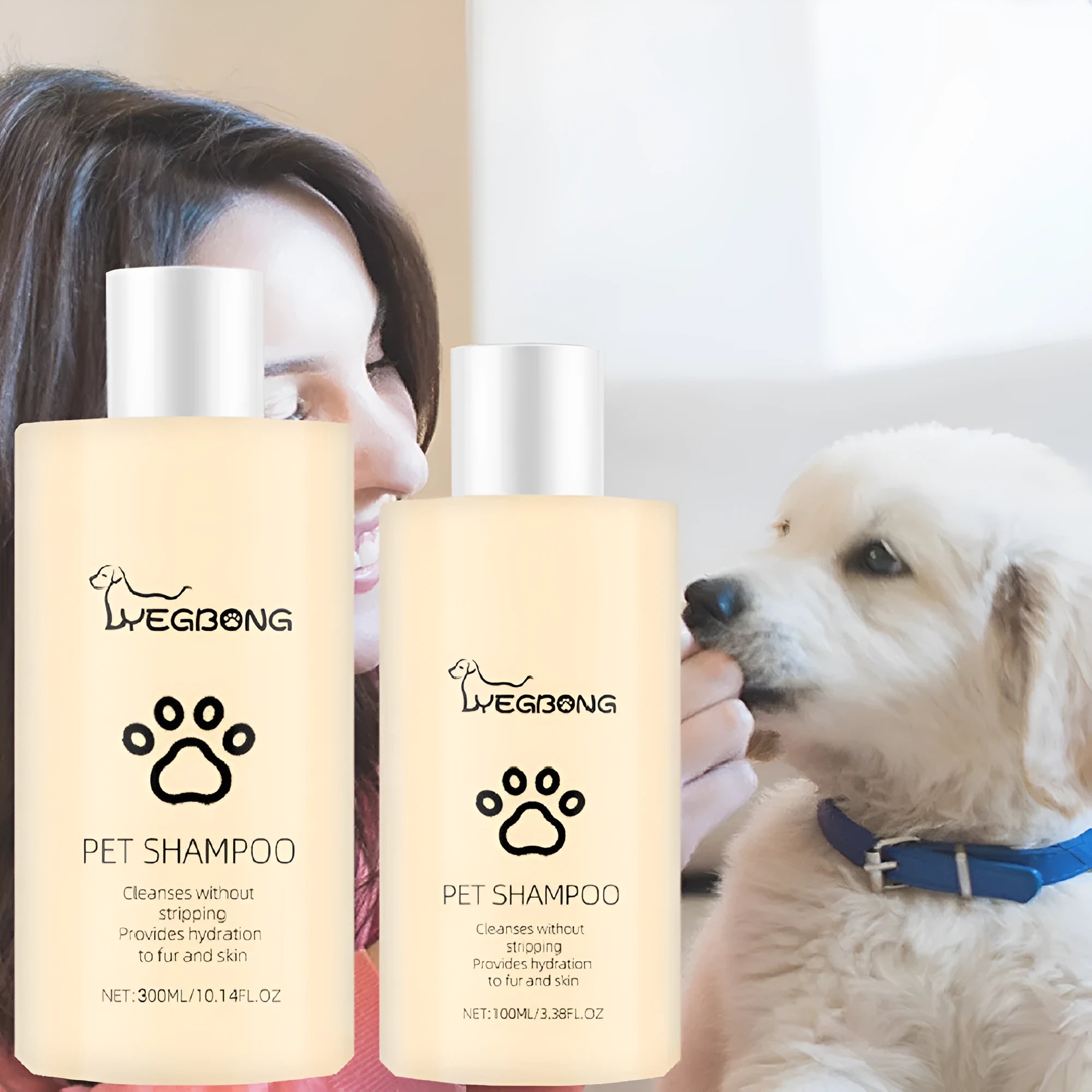 Bottle of mild pet shampoo for cats and dogs that leaves hair soft and unknotted