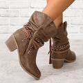 Retro tassel mid-calf western boots for women with thick square heel in dark brown