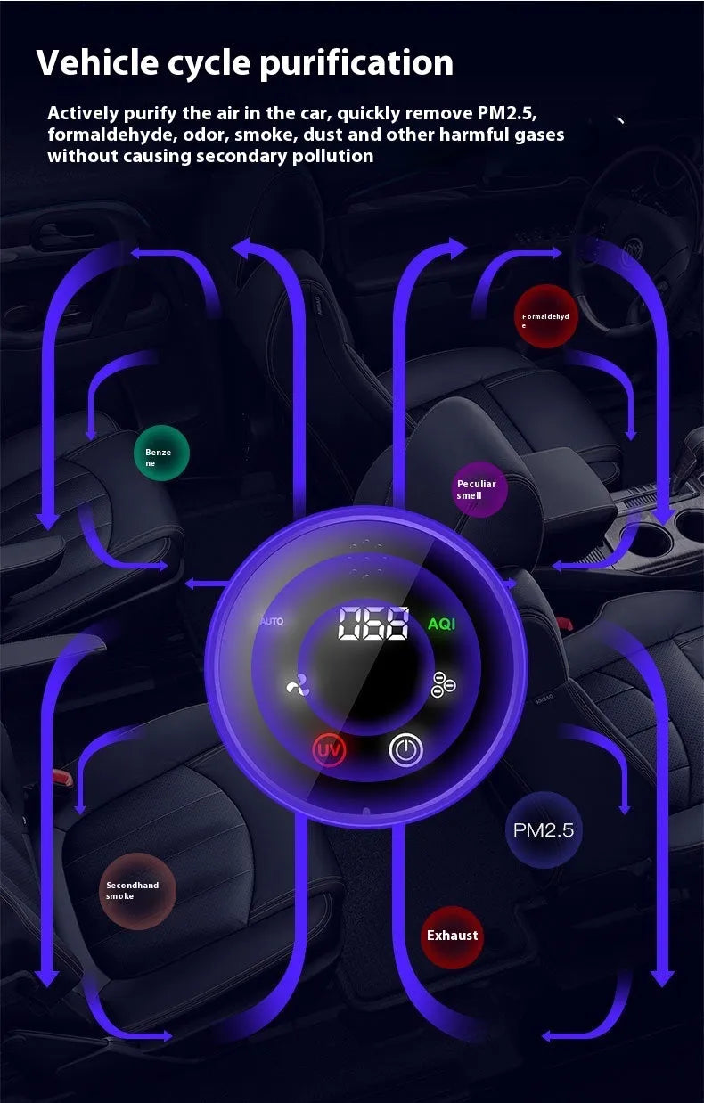 Black USB car air purifier with negative ion technology measuring 187mm tall