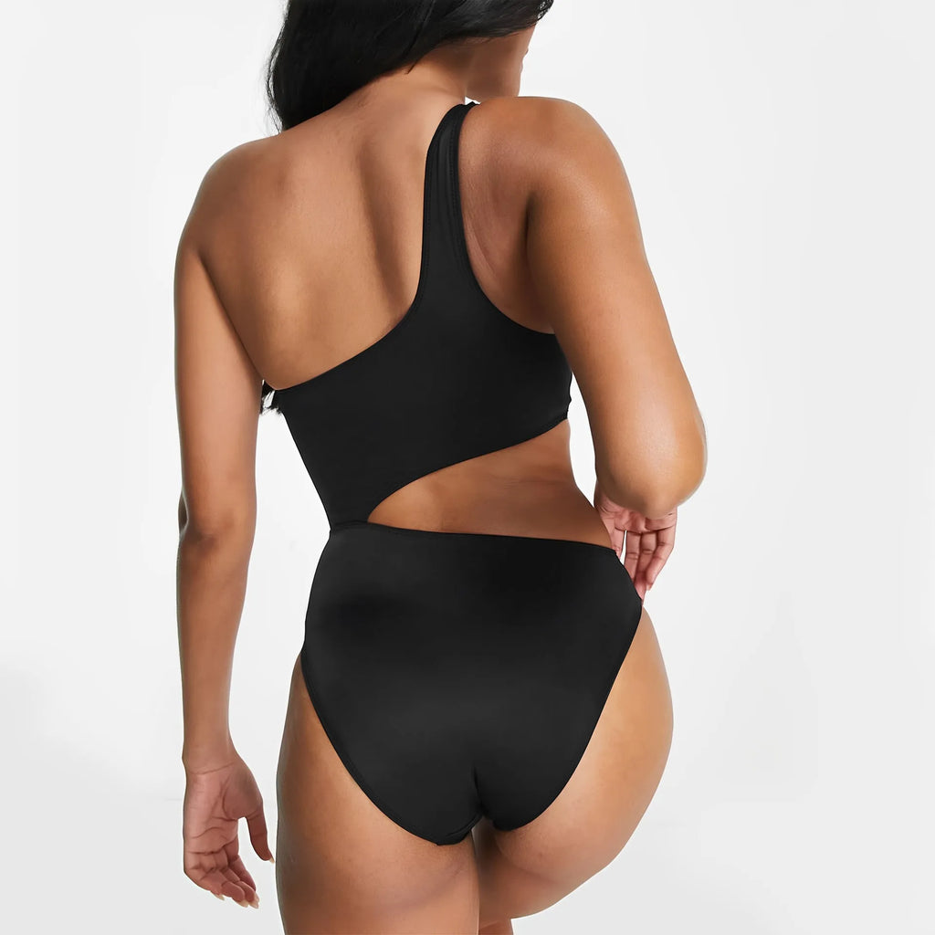 Black women's one-piece swimsuit with hollow design and contrast stitching detail