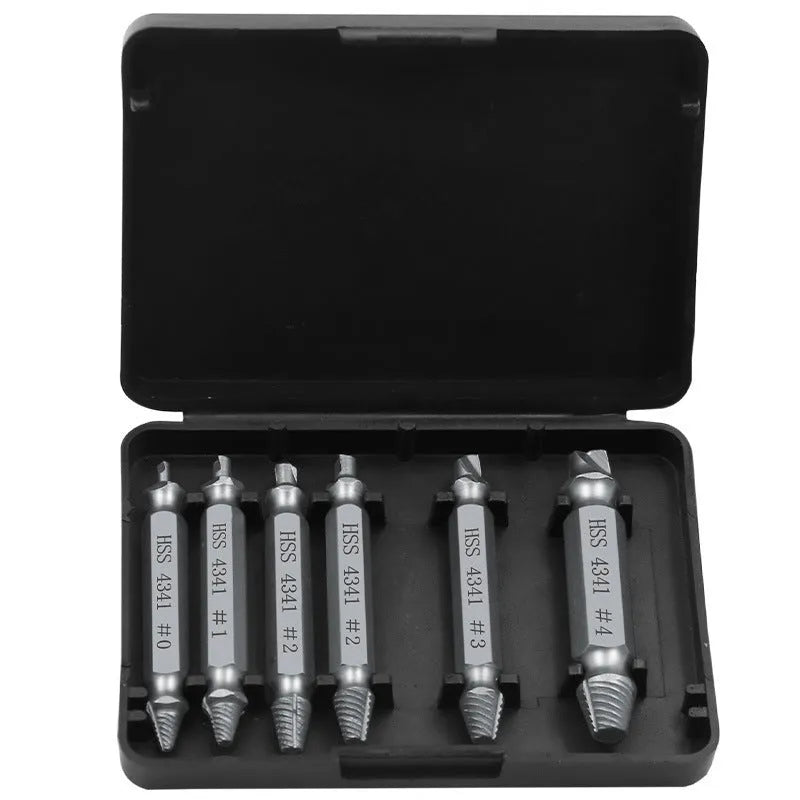 Six-piece screw remover extractor set with slip-tooth heads on a white background.