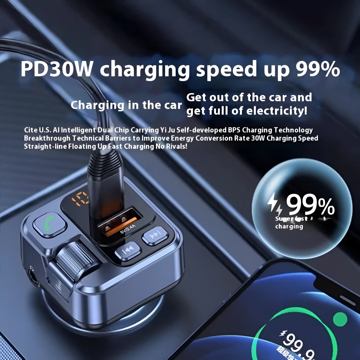 Bluetooth car MP3 player transmitter with dual USB charging ports and LED display plugged into a 12V car socket.