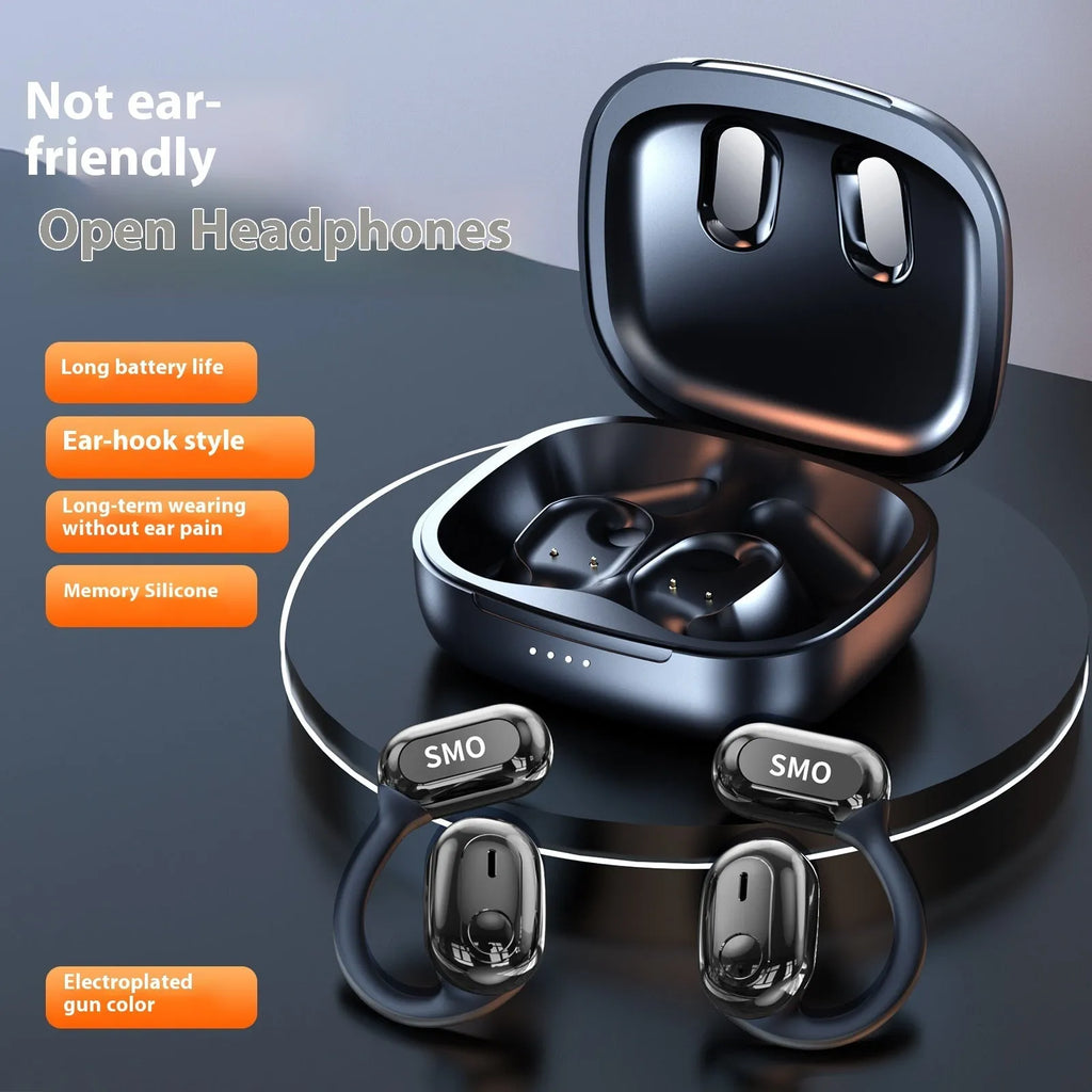 Ear-mounted Bluetooth headset in electroplated black with ear hook design on white background