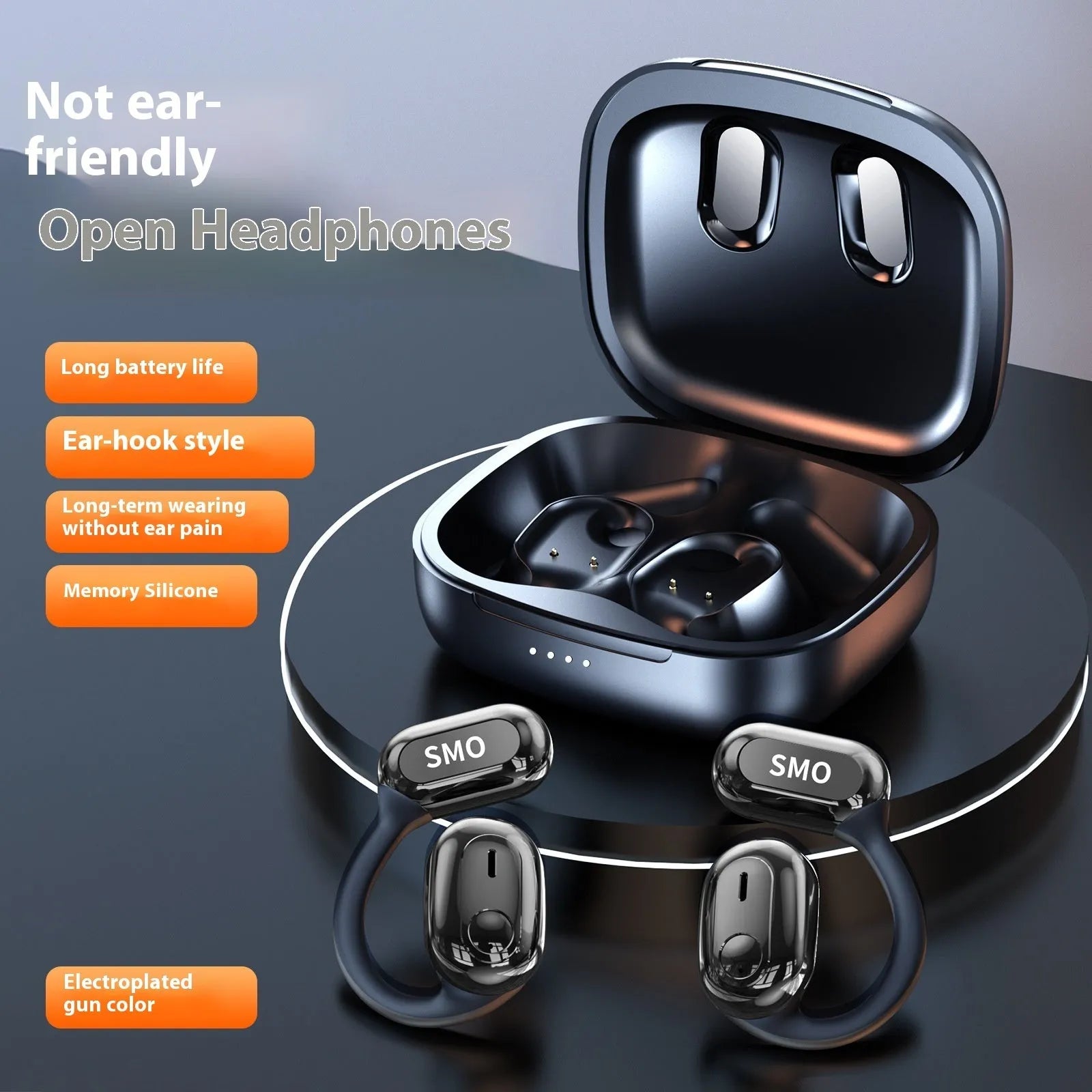 Ear-mounted Bluetooth headset in electroplated black with ear hook design on white background