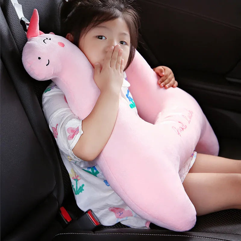 Dinosaur pattern soft plush car bolster pillow for travel, size 60cm by 55cm.