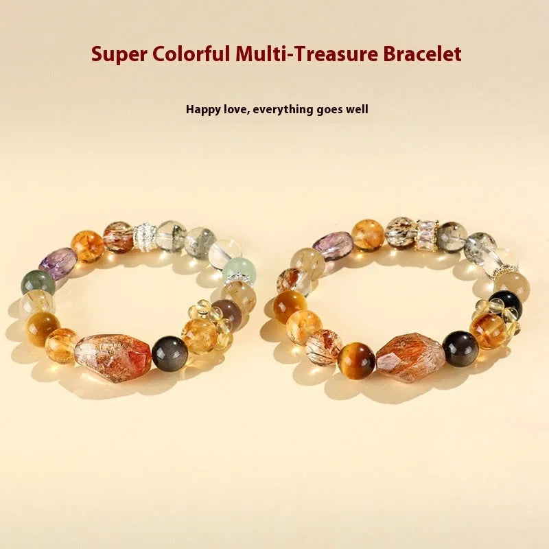Handmade adjustable natural crystal beaded bracelet in black gold Duobao style