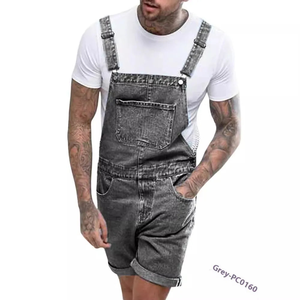 Men's black denim suspender trousers with straight legs and a zip fly on a hanger.