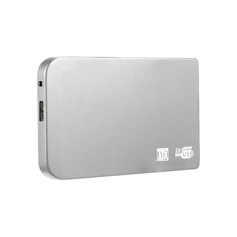 Silver USB 3.0 portable solid state drive with metal casing next to its included data cable.