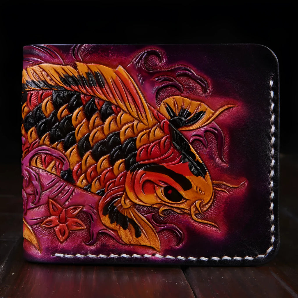 Men's solid colour leather short wallet with manual carving detail, shown in blue, red, and gold.