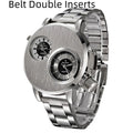 Large plate double-movement men watch with 40.5mm dial, spiral crown, and steel strap on a neutral background