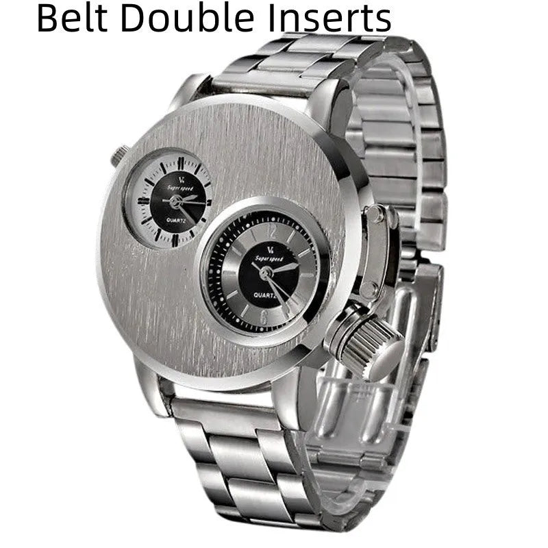 Large plate double-movement men watch with 40.5mm dial, spiral crown, and steel strap on a neutral background
