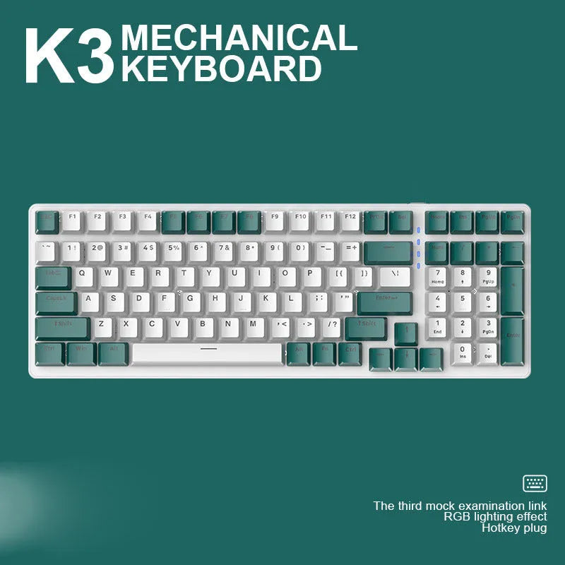 Wired mechanical keyboard with 100 keys made of ABS plastic, featuring USB cable and blue switches for computer gaming