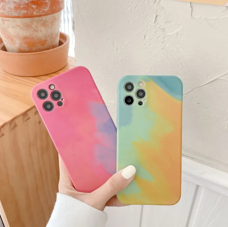 Soft silicone phone case with abstract oil painting gradient geometry pattern in blue, green, pink, or purple colours
